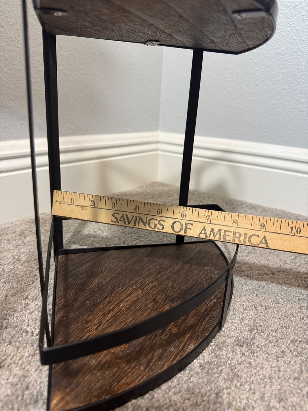 Two-Tier Corner Shelf with Black Metal Frame and Wood Tones - Picture 6 of 6